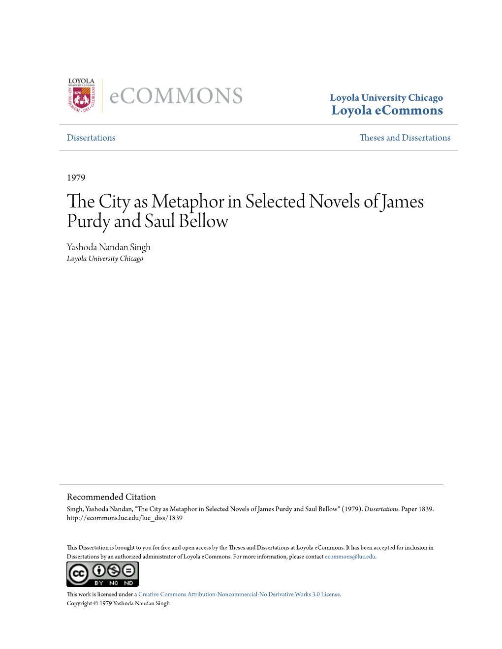 The City As Metaphor in Selected Novels of James Purdy and Saul Bellow