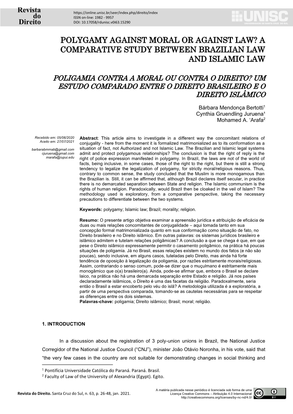 Polygamy Against Moral Or Against Law? a Comparative Study Between Brazilian Law and Islamic Law