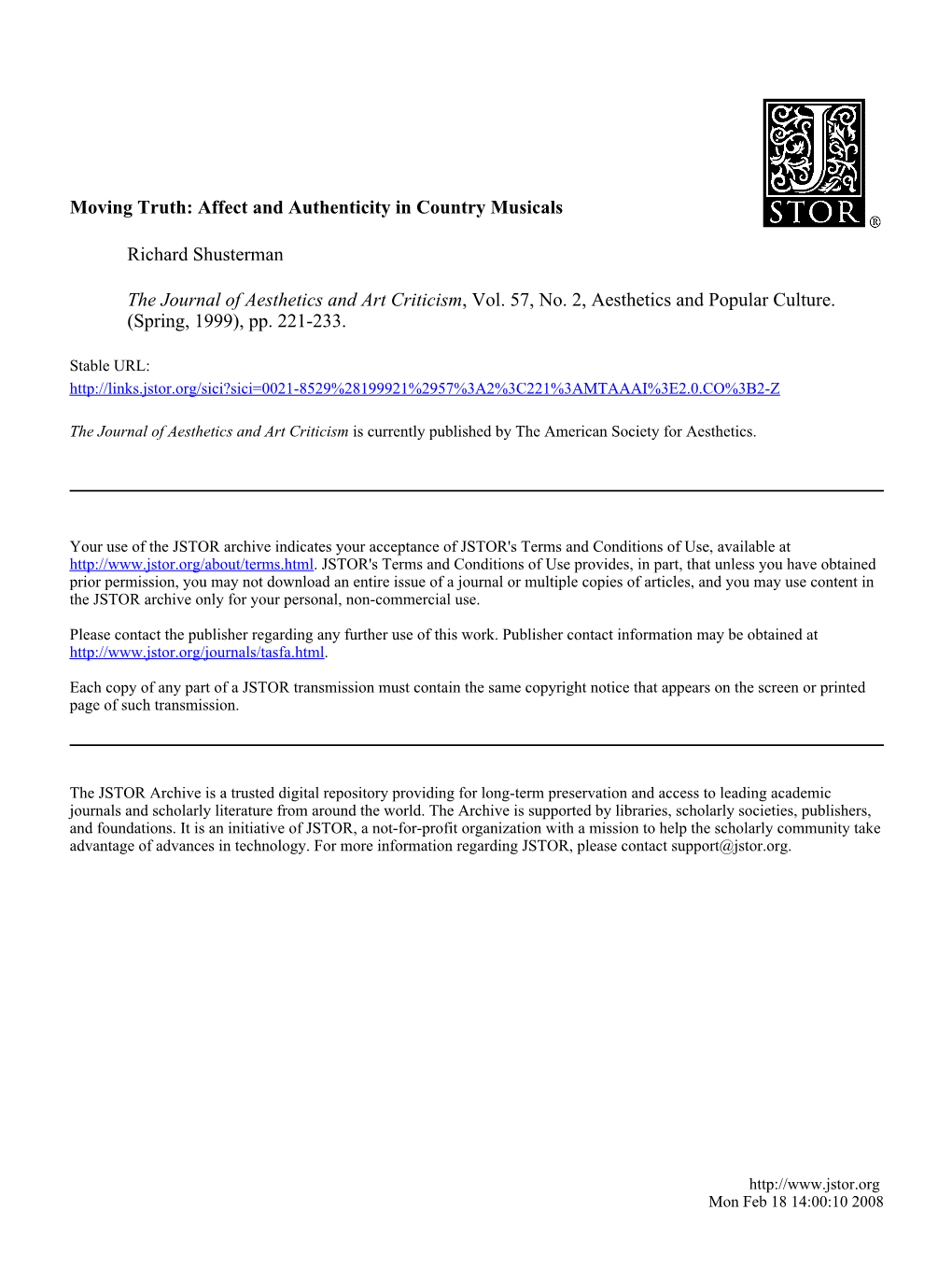 Moving Truth: Affect and Authenticity in Country Musicals Richard Shusterman the Journal of Aesthetics and Art Criticism, Vol. 57, No