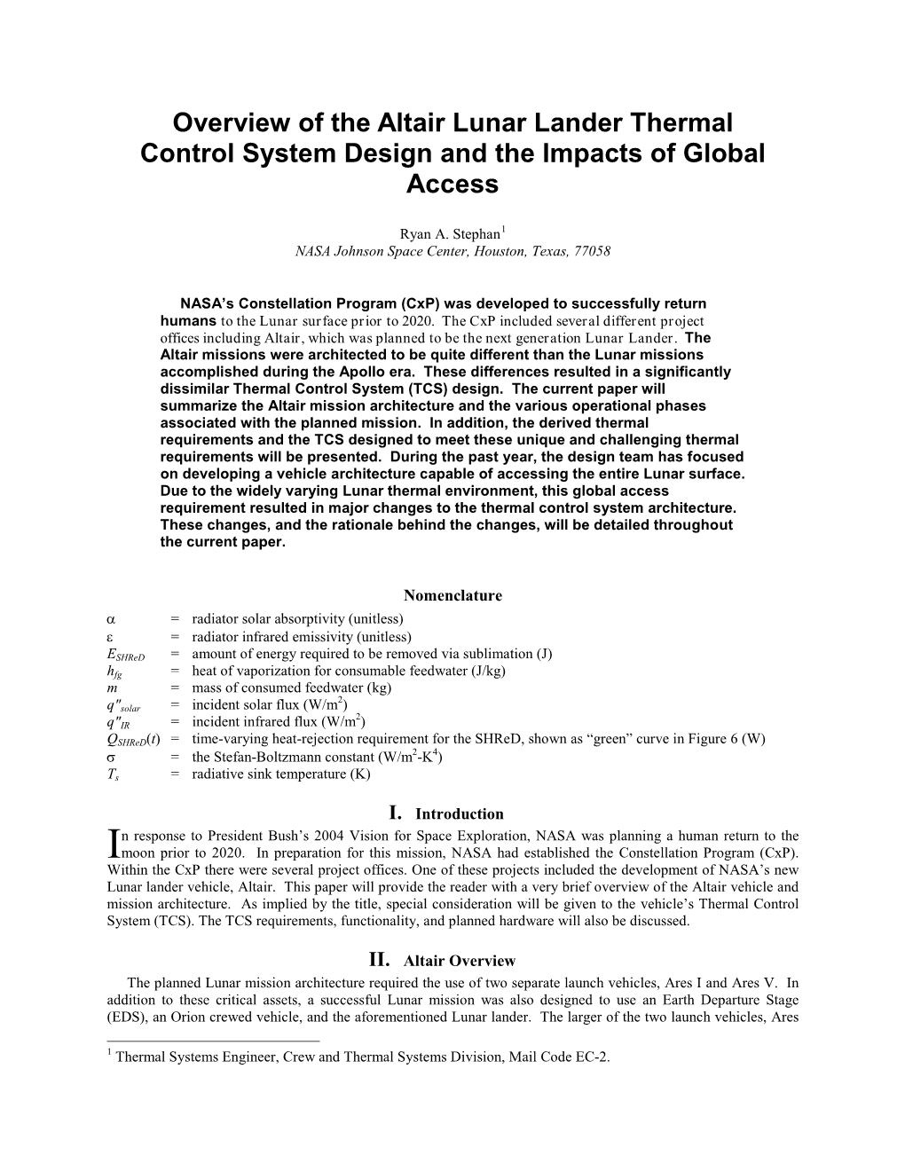 Overview of the Altair Lunar Lander Thermal Control System Design and the Impacts of Global Access