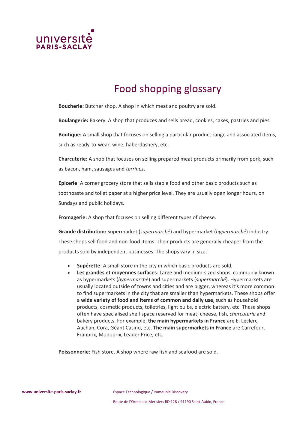 Food Shopping Glossary
