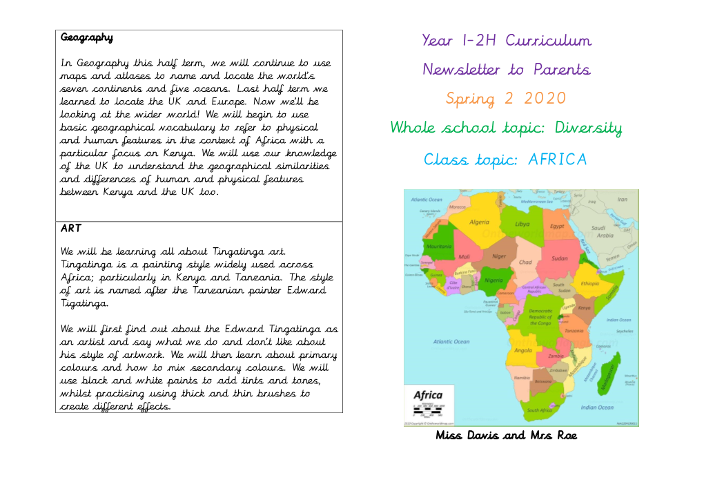 Year 1-2H Curriculum Newsletter to Parents Spring 2 2020 Whole School Topic