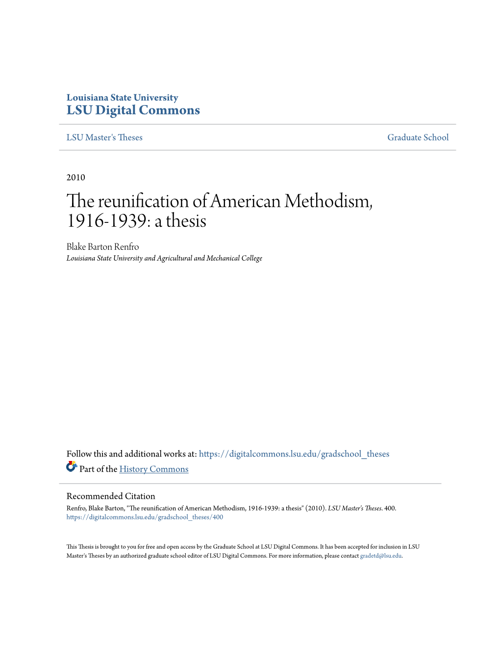 The Reunification of American Methodism, 1916-1939: a Thesis