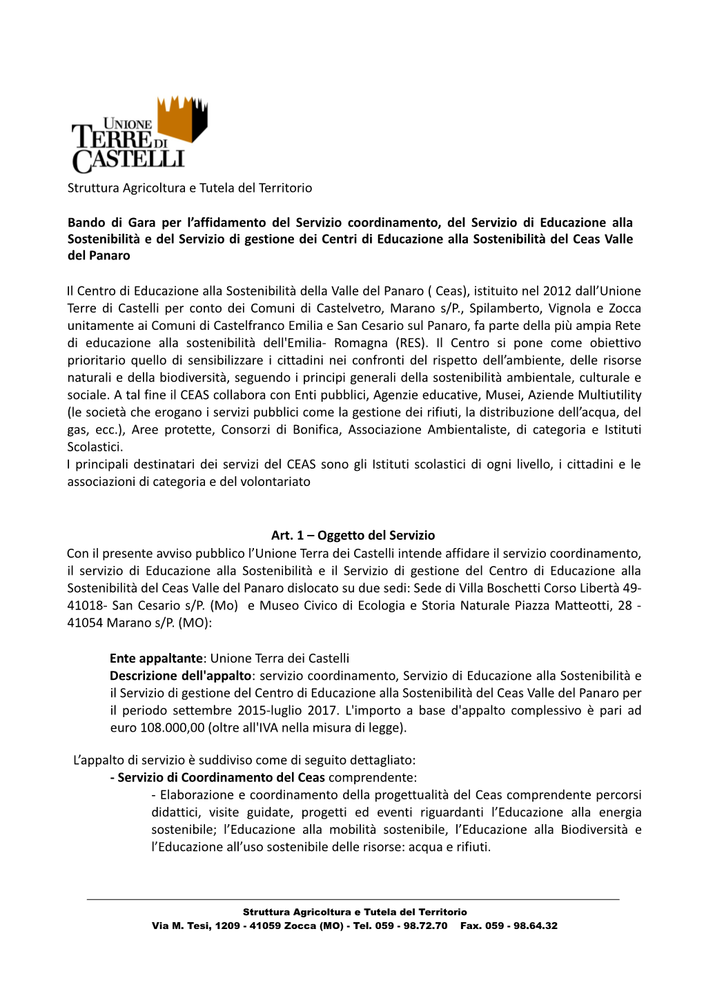 Struttura Agricoltura E Tutela Del Territorio Bando Di Gara Per L