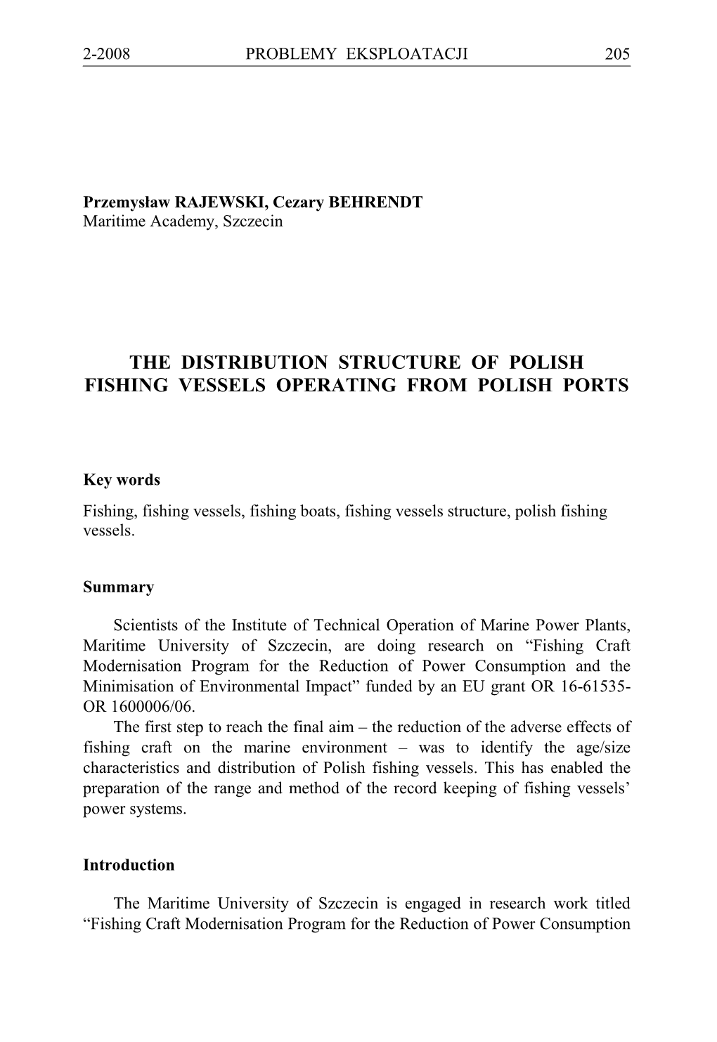 The Distribution Structure of Polish Fishing Vessels Operating from Polish Ports
