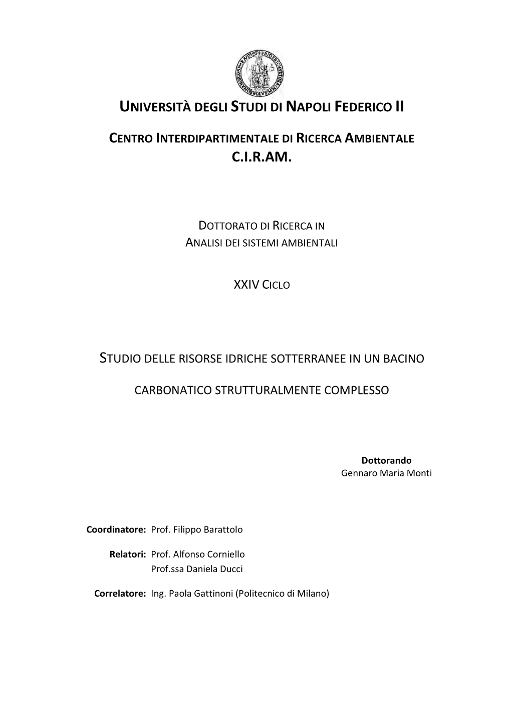 Dottorato Di Ricerca in Analisi Dei Sistemi Ambientali Xxivciclo