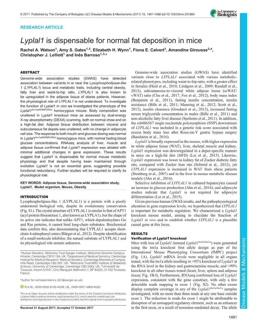 Lyplal1 Is Dispensable for Normal Fat Deposition in Mice Rachel A