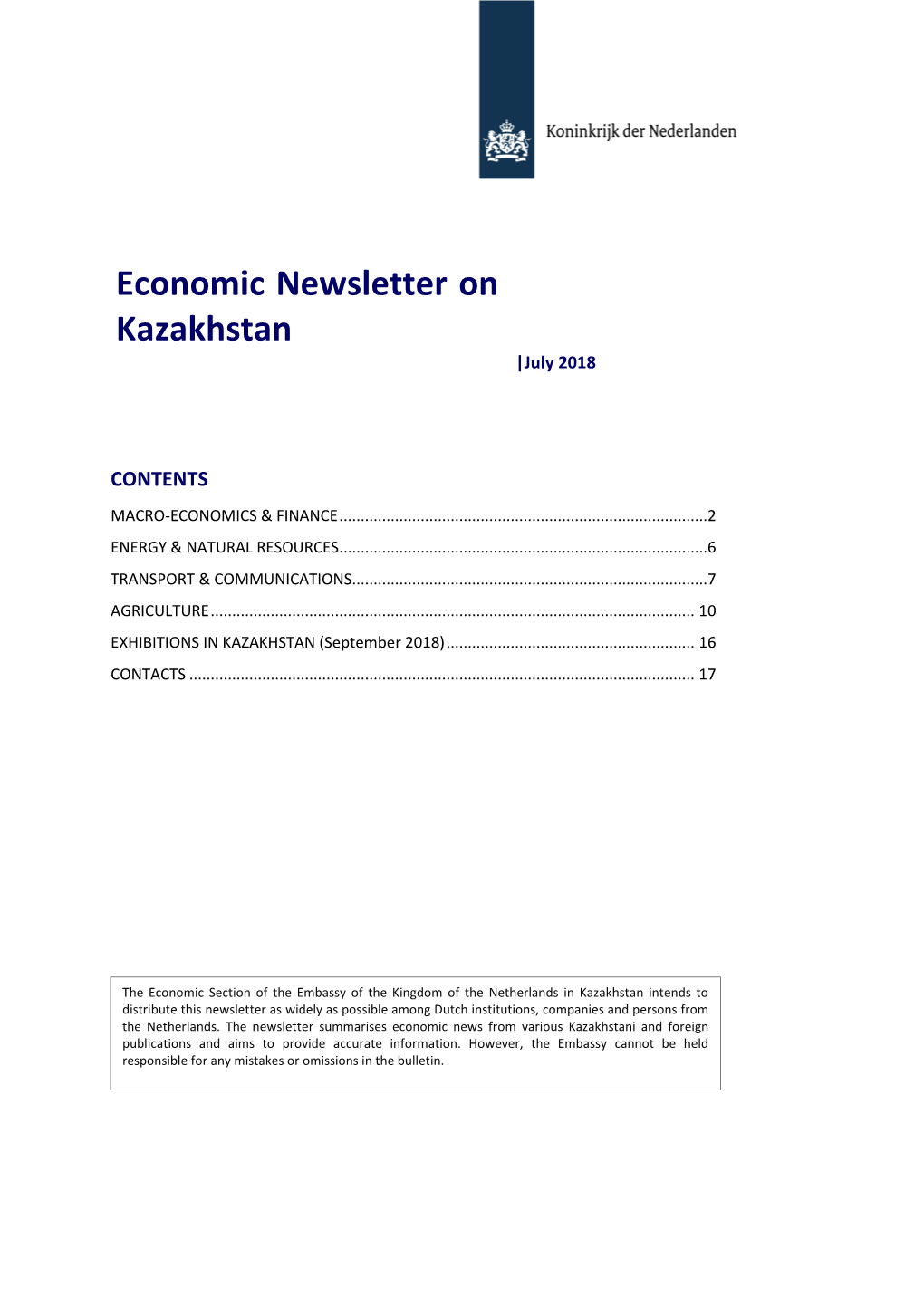 Economic Newsletter on Kazakhstan |July 2018