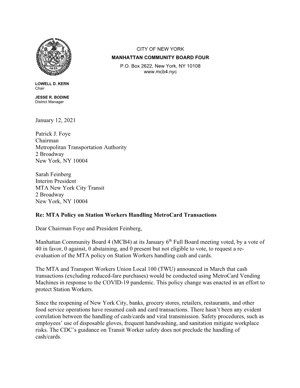 Letter to MTA Re Booth Agent COVID-19 Policy