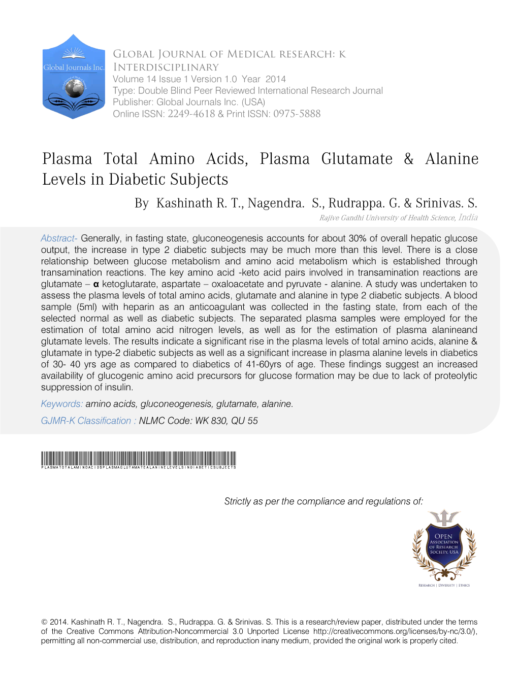 Plasma Total Amino Acids, Plasma Glutamate & Alanine