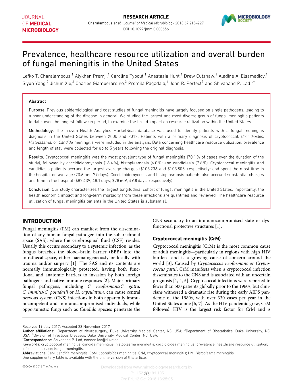 Prevalence, Healthcare Resource Utilization and Overall Burden of Fungal Meningitis in the United States