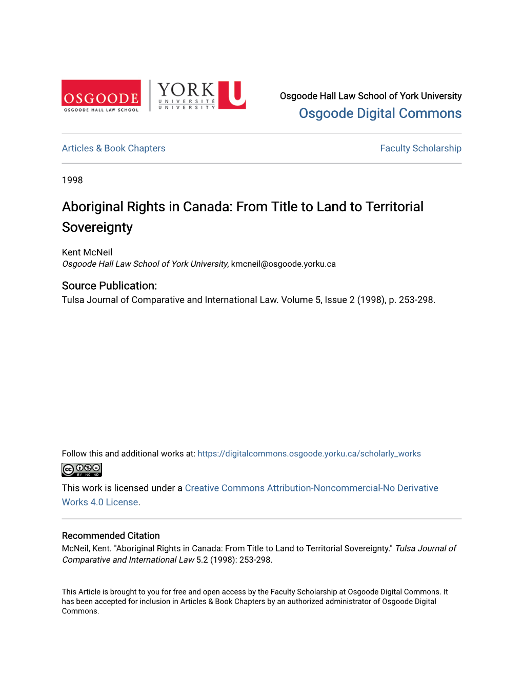 Aboriginal Rights in Canada: from Title to Land to Territorial Sovereignty