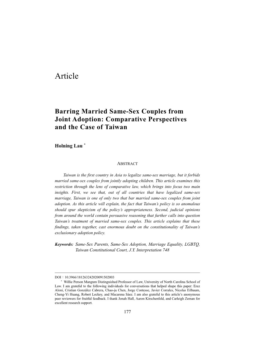Barring Married Same-Sex Couples from Joint Adoption: Comparative Perspectives and the Case of Taiwan