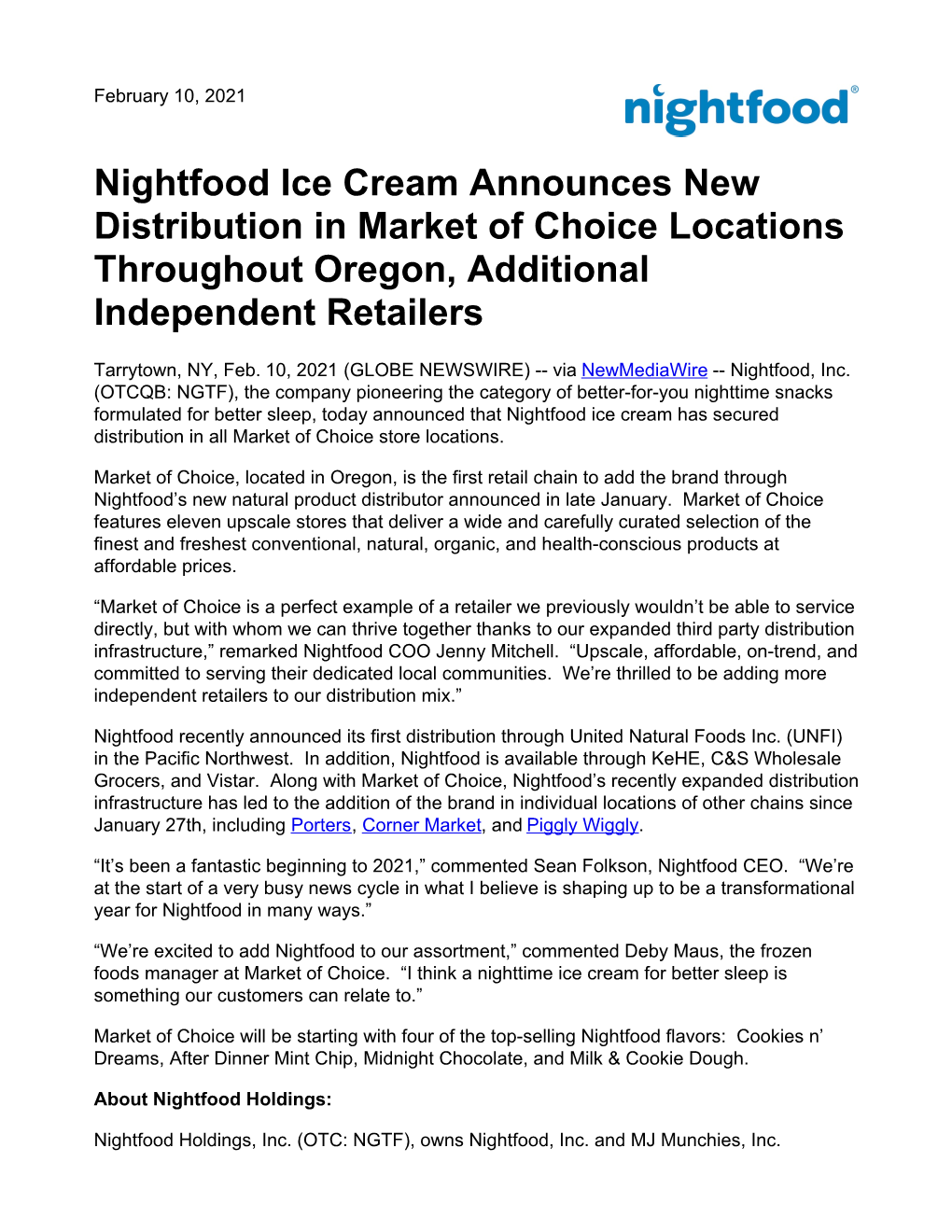 Nightfood Ice Cream Announces New Distribution in Market of Choice Locations Throughout Oregon, Additional Independent Retailers