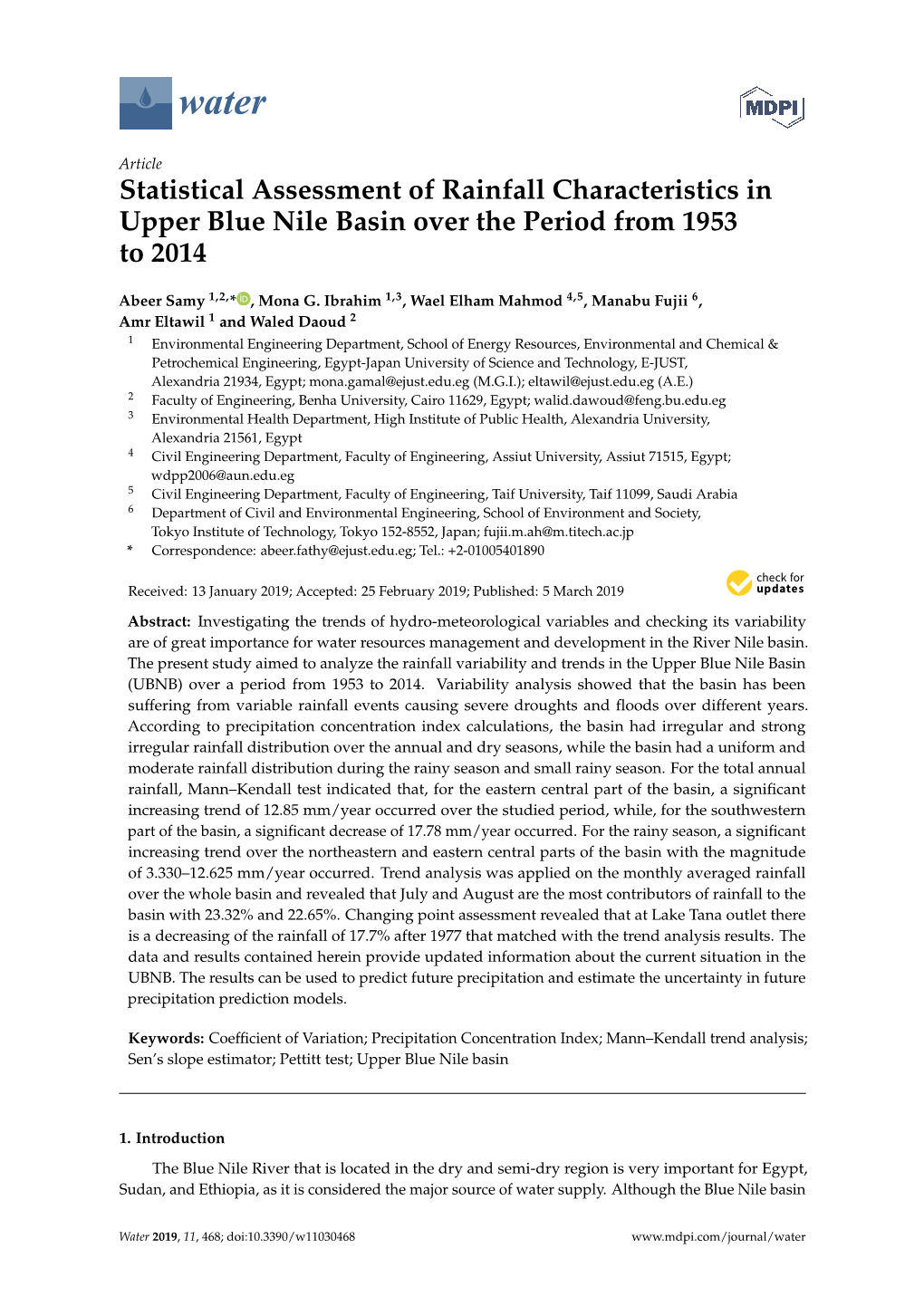 Statistical Assessment of Rainfall Characteristics in Upper Blue Nile Basin Over the Period from 1953 to 2014