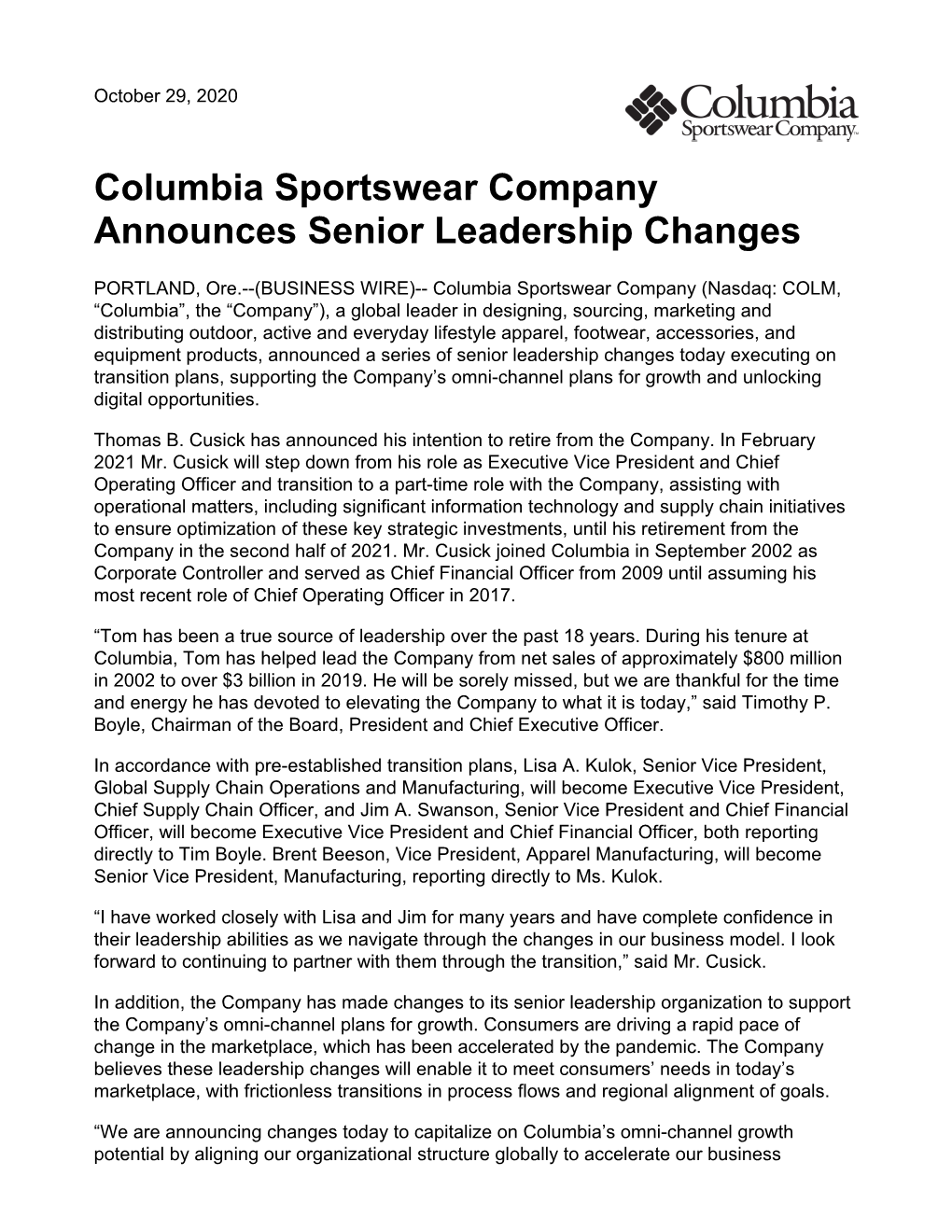 Columbia Sportswear Company Announces Senior Leadership Changes