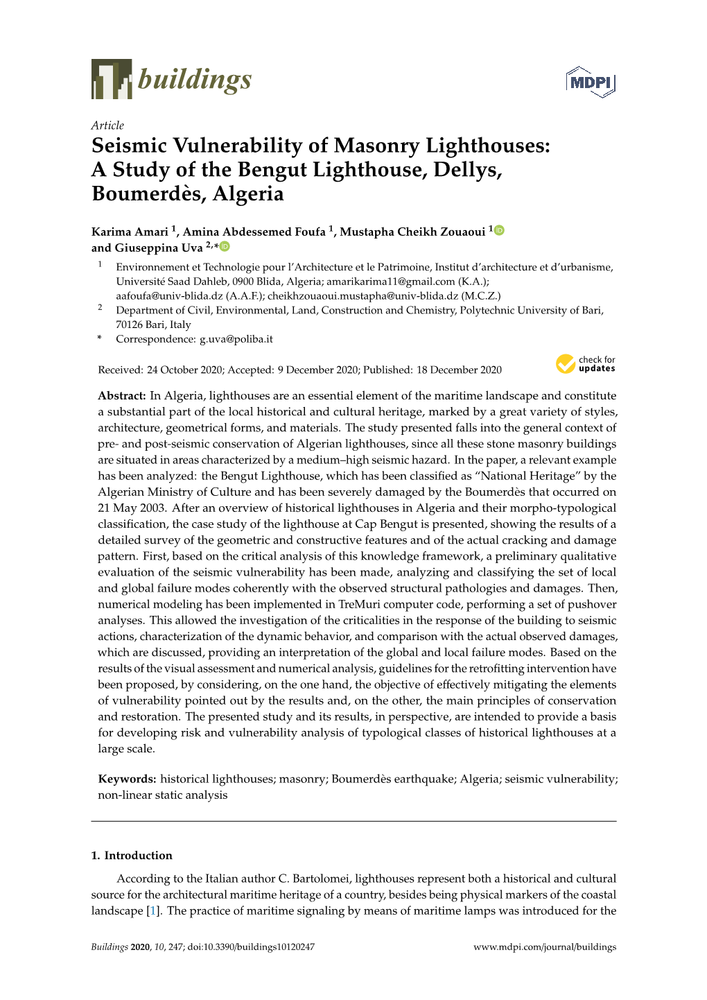 Seismic Vulnerability of Masonry Lighthouses: a Study of the Bengut Lighthouse, Dellys, Boumerdès, Algeria