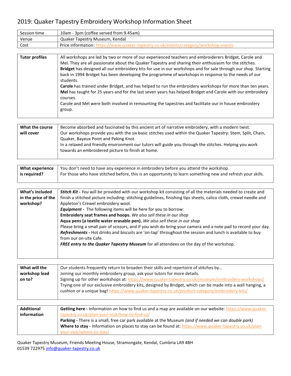 2019: Quaker Tapestry Embroidery Workshop Information Sheet