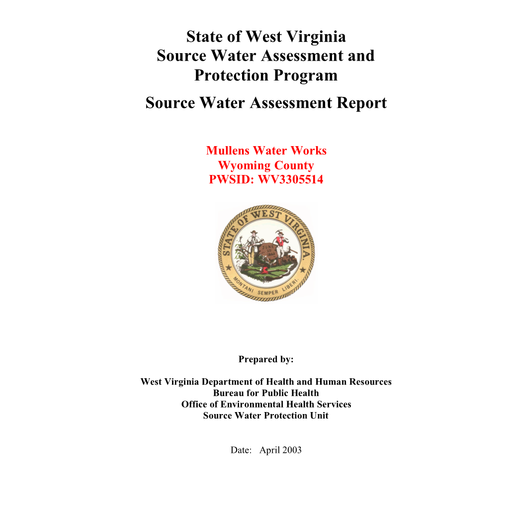 State of West Virginia Source Water Assessment and Protection Program Source Water Assessment Report