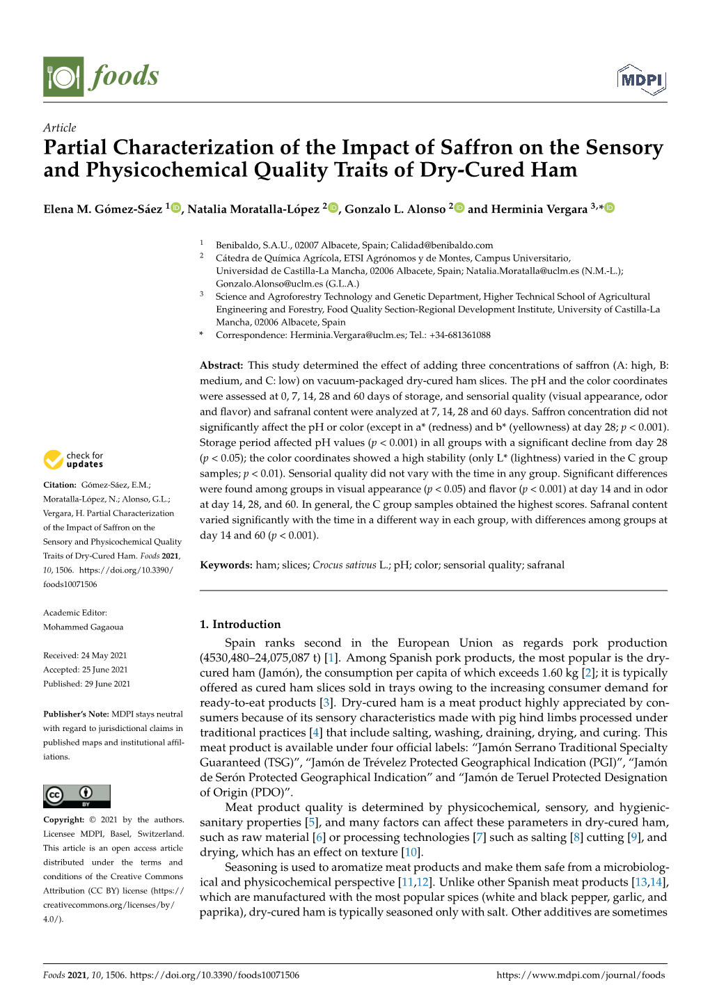 Partial Characterization of the Impact of Saffron on the Sensory and Physicochemical Quality Traits of Dry-Cured Ham