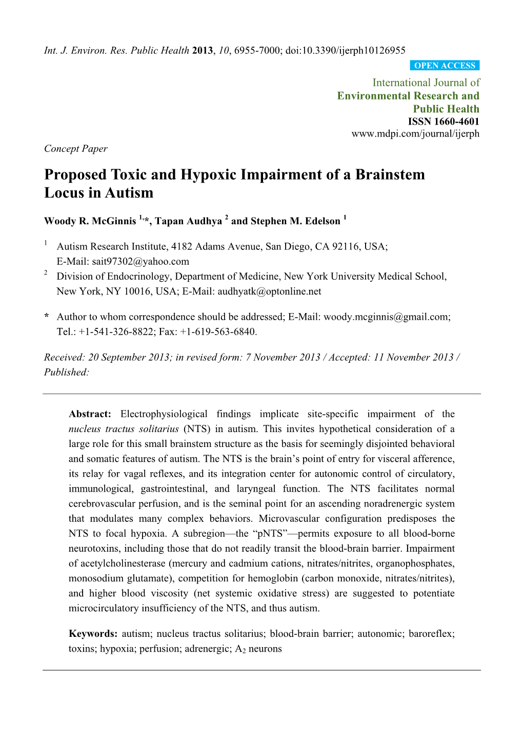 Proposed Toxic and Hypoxic Impairment of a Brainstem Locus in Autism