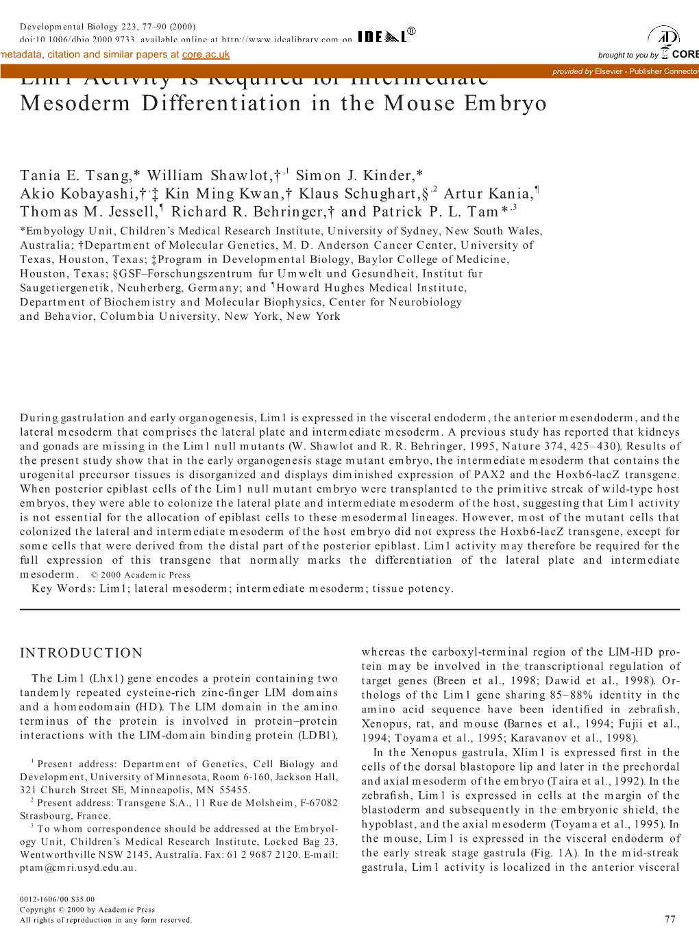 Lim1 Activity Is Required for Intermediate Mesoderm