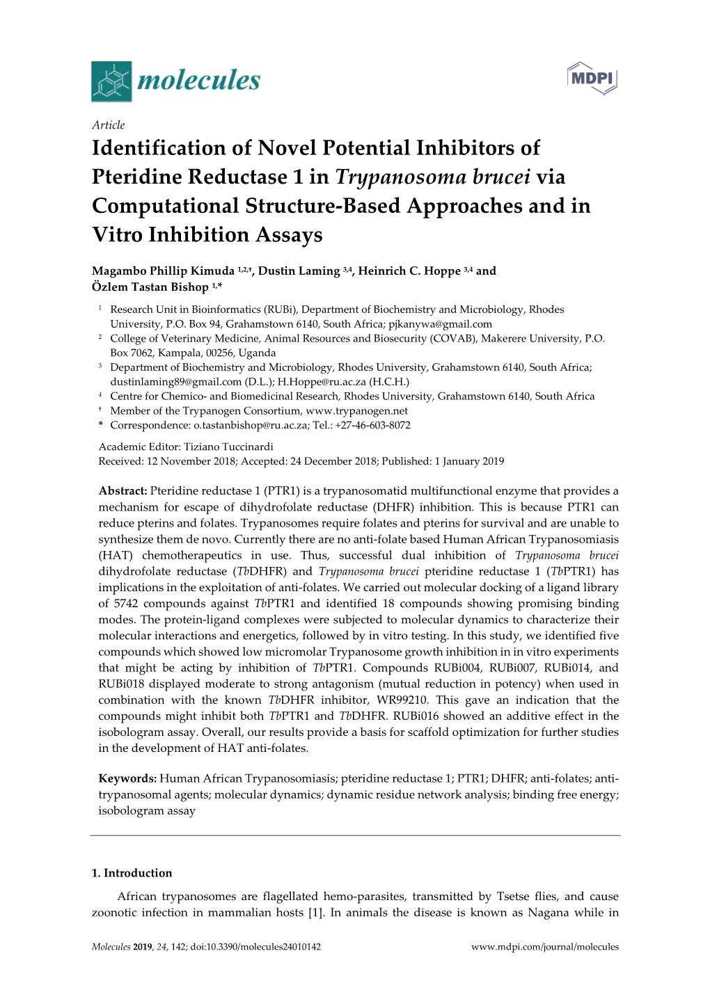 Identification of Novel Potential Inhibitors of Pteridine Reductase 1