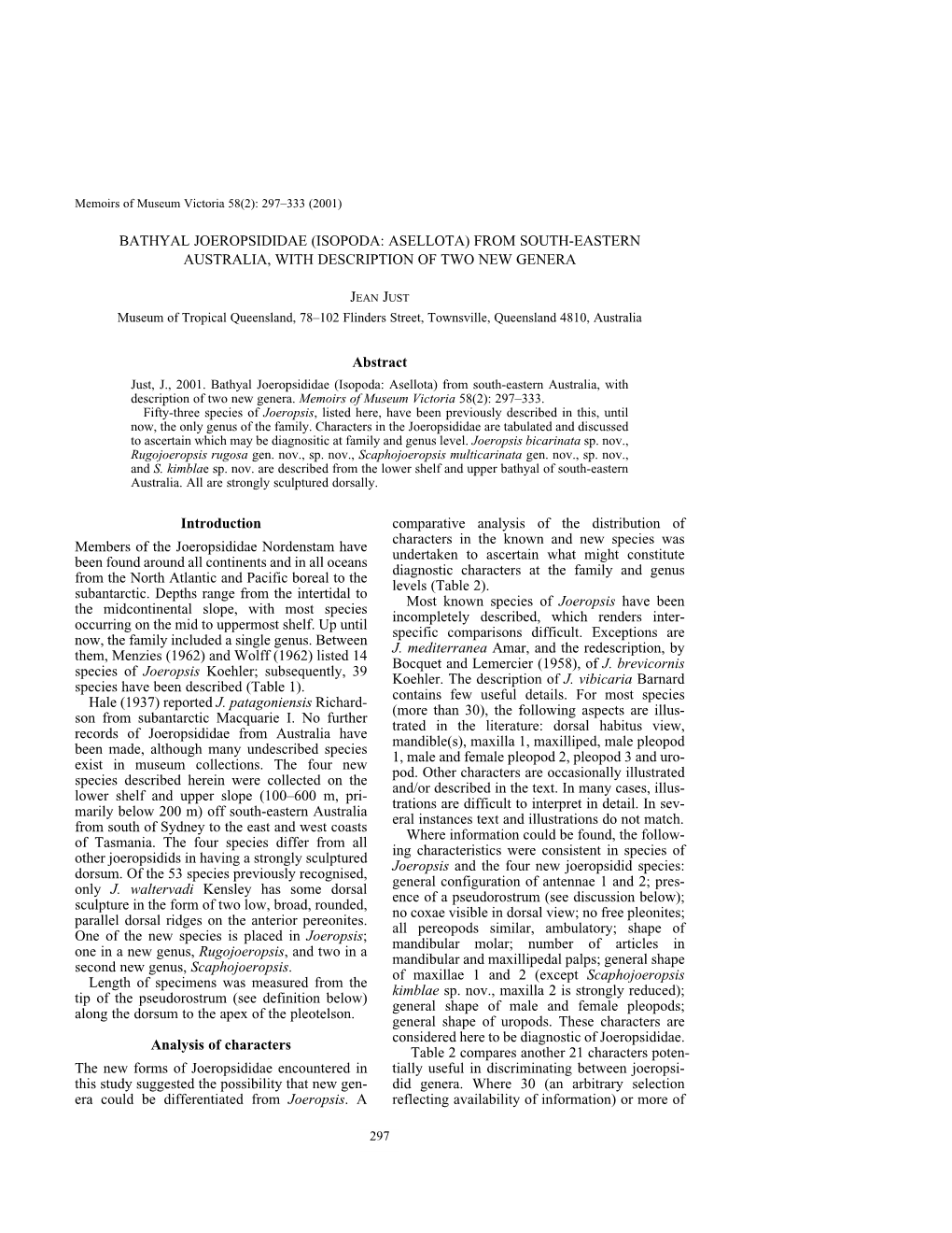 Bathyal Joeropsididae (Isopoda: Asellota) from South-Eastern Australia, with Description of Two New Genera