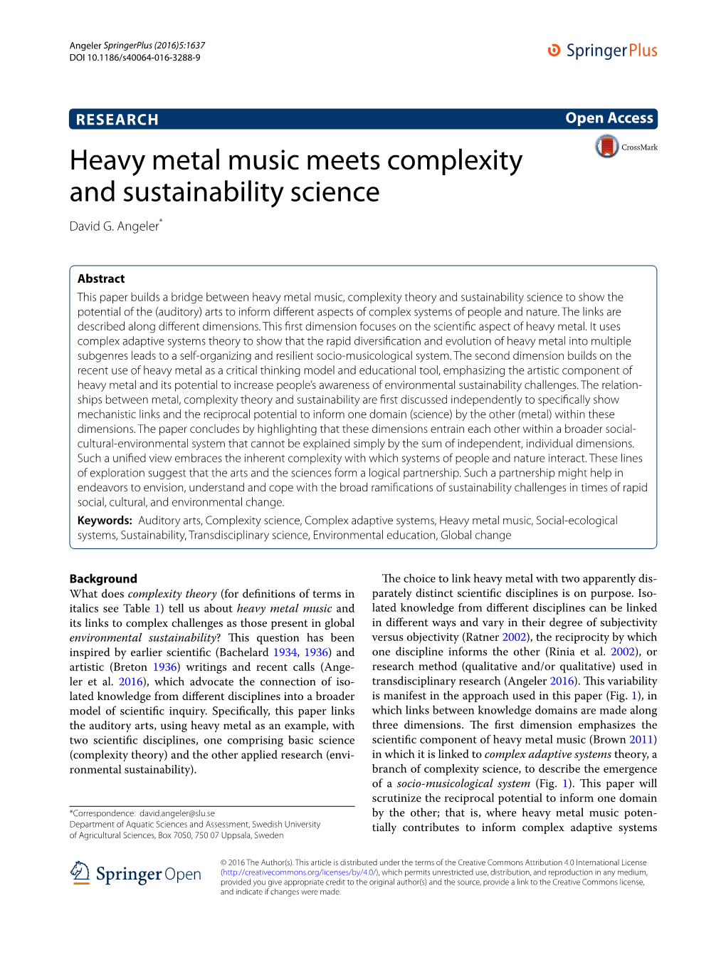 Heavy Metal Music Meets Complexity and Sustainability Science David G