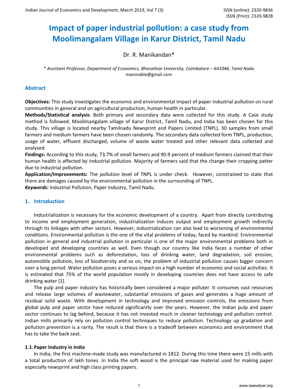 Impact of Paper Industrial Pollution: a Case Study from Moolimangalam Village in Karur District, Tamil Nadu