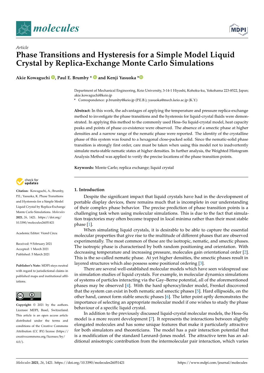 Phase Transitions and Hysteresis for a Simple Model Liquid Crystal by Replica-Exchange Monte Carlo Simulations