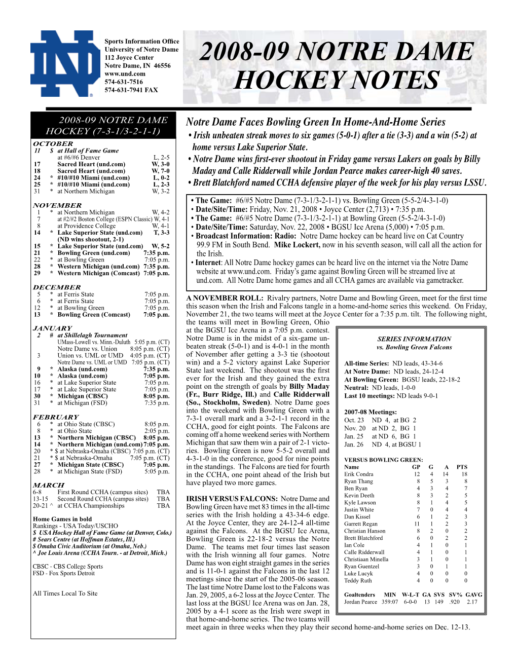 2008-09 Notre Dame Hockey Notes