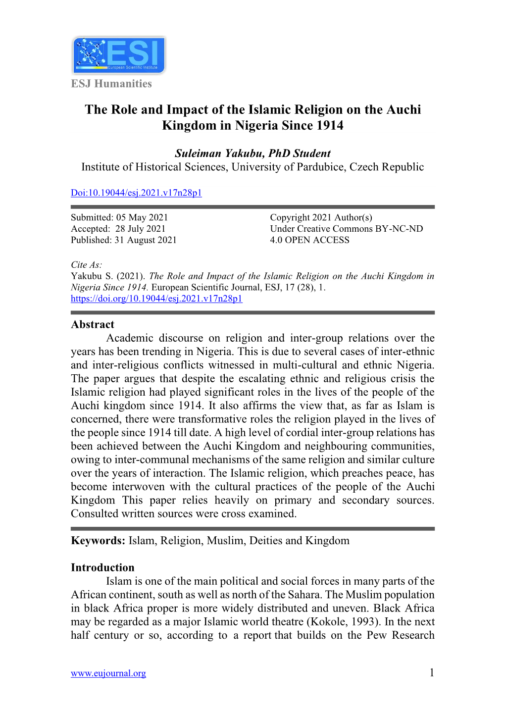 The Role and Impact of the Islamic Religion on the Auchi Kingdom in Nigeria Since 1914