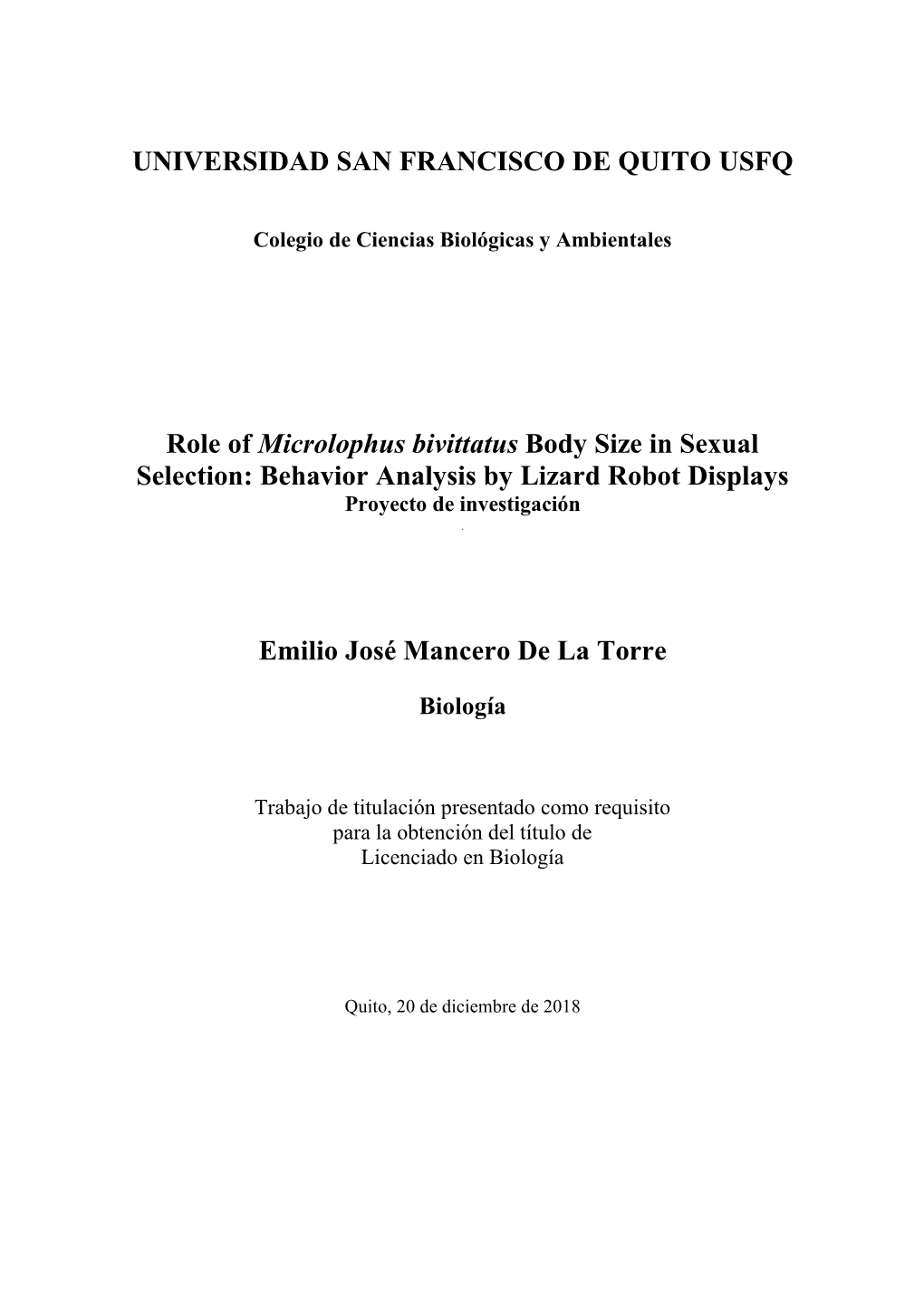 Role of Microlophus Bivittatus Body Size in Sexual Selection: Behavior Analysis by Lizard Robot Displays Proyecto De Investigación