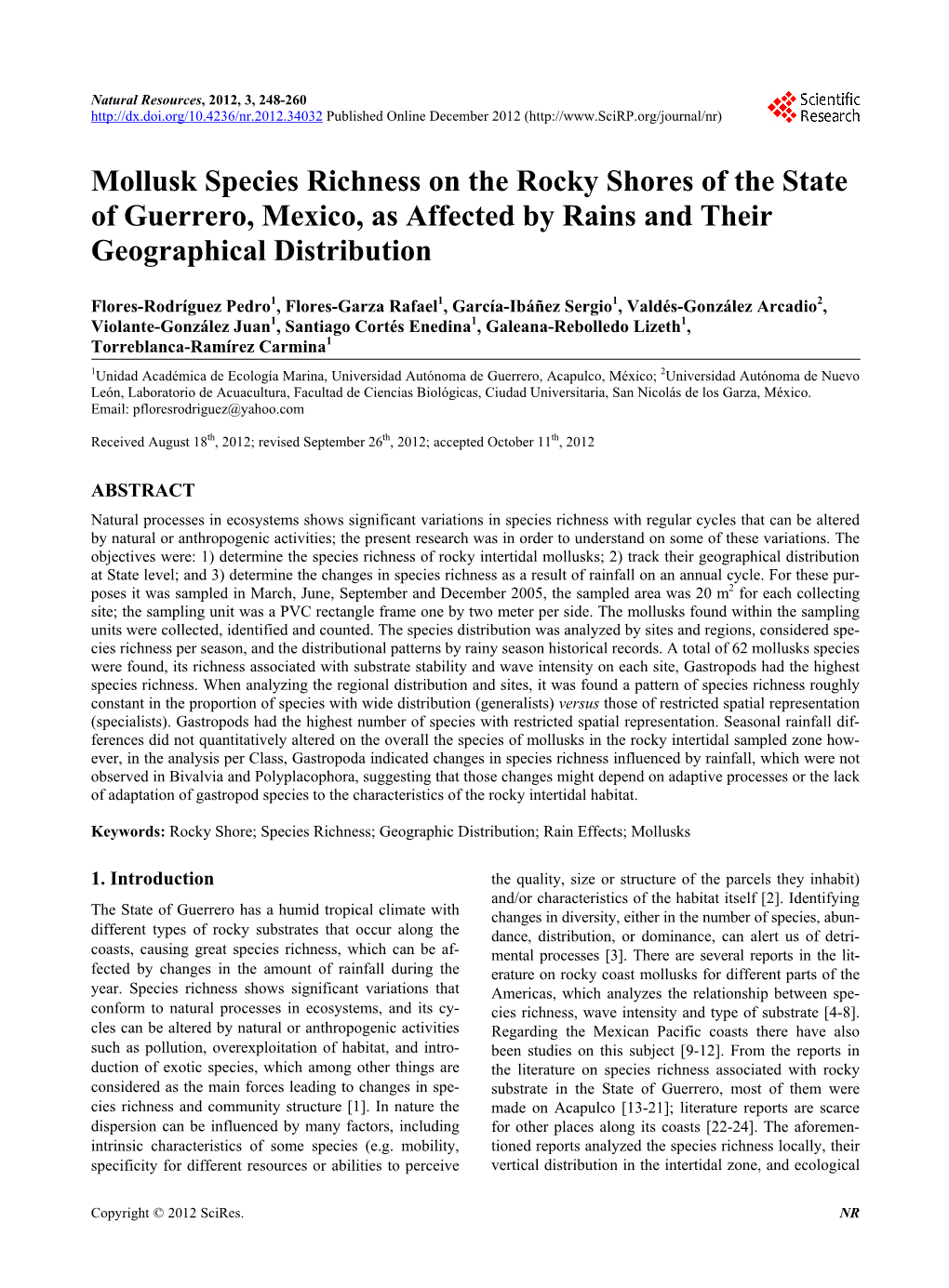 Mollusk Species Richness on the Rocky Shores of the State of Guerrero, Mexico, As Affected by Rains and Their Geographical Distribution