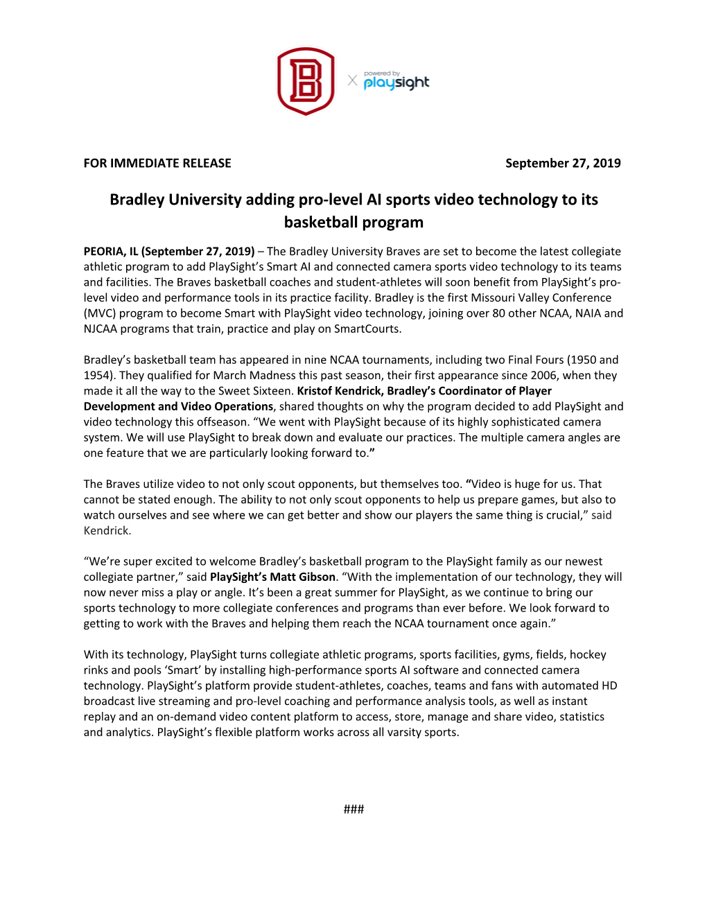 Bradley University Adding Pro-Level AI Sports Video Technology to Its Basketball Program