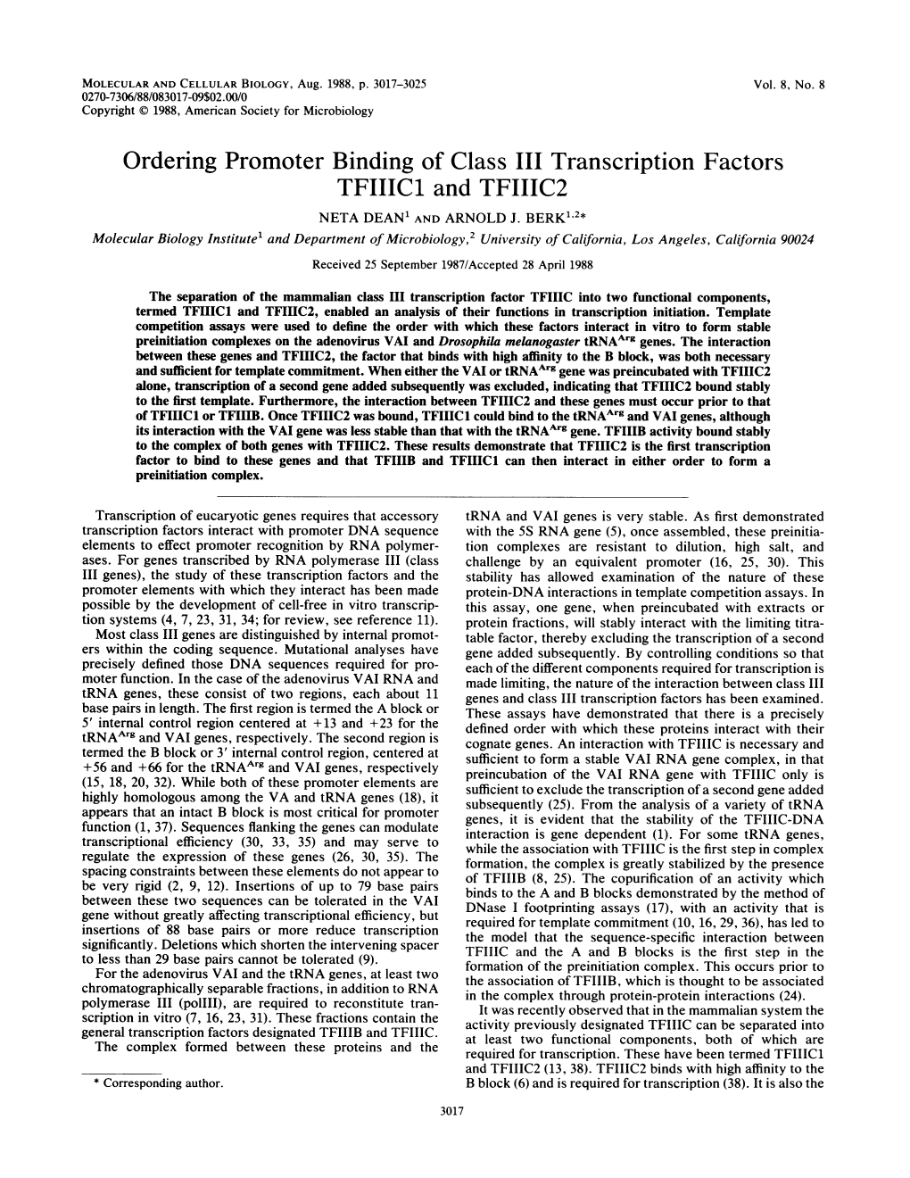 Ordering Promoter Binding of Class III Transcription Factors TFIIIC1 and TFIIIC2 NETA DEAN' and ARNOLD J