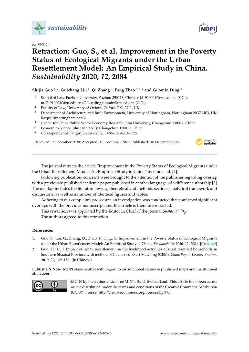 Retraction: Guo, S., Et Al. Improvement in the Poverty Status of Ecological Migrants Under the Urban Resettlement Model: an Empirical Study in China