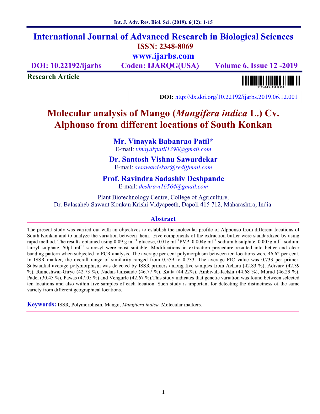 Molecular Analysis of Mango (Mangifera Indica L.) Cv