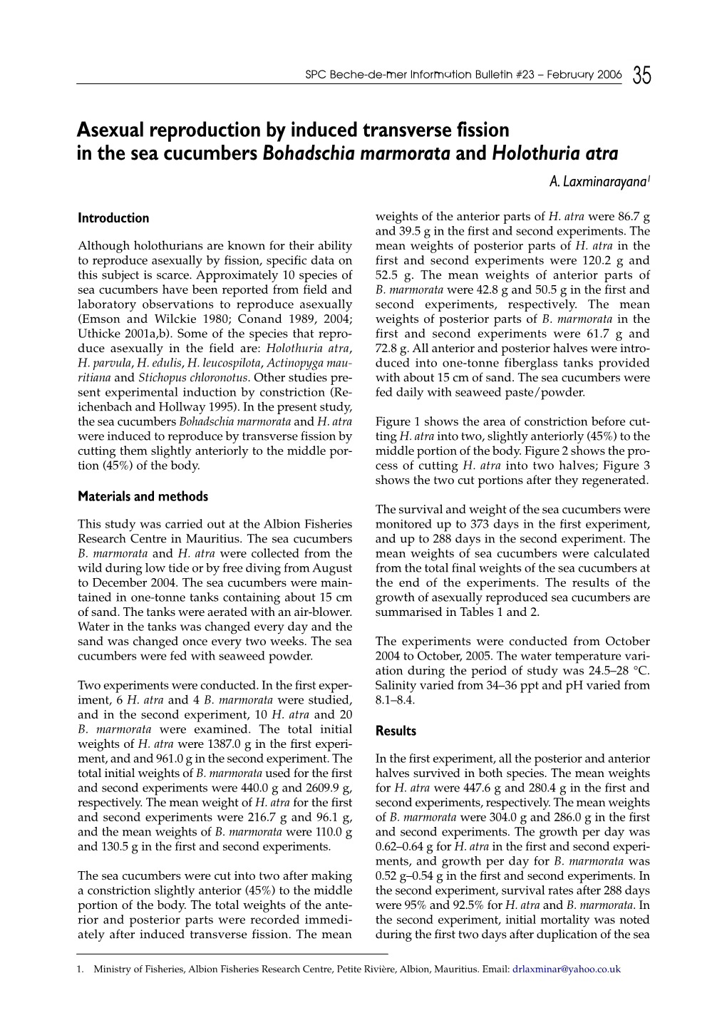 Asexual Reproduction by Induced Transverse Fission in the Sea Cucumbers Bohadschia Marmorata and Holothuria Atra A