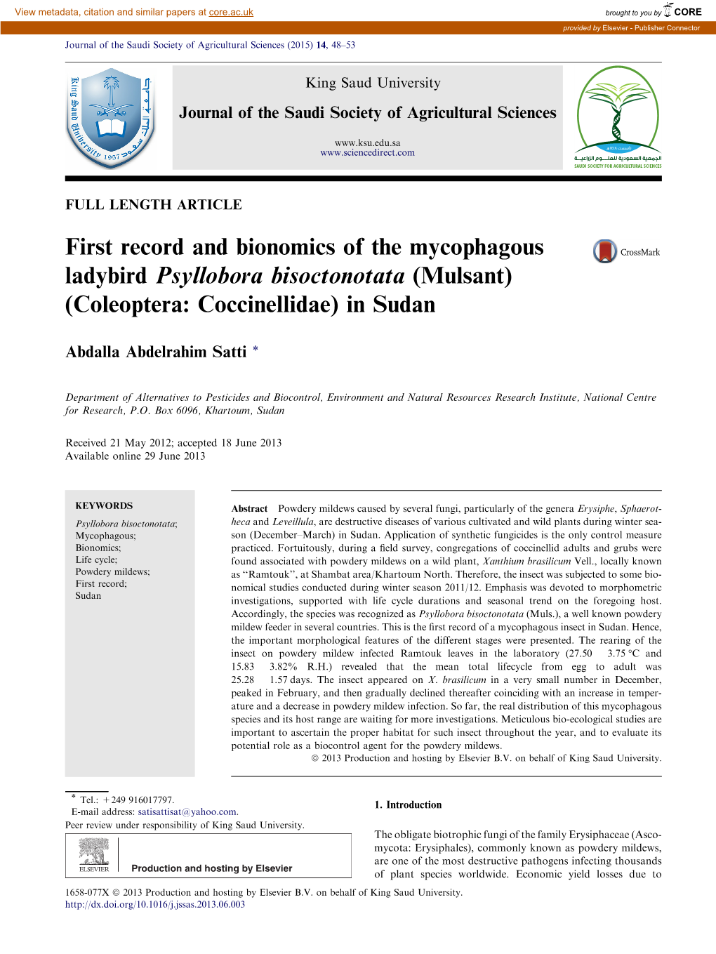 First Record and Bionomics of the Mycophagous Ladybird Psyllobora Bisoctonotata (Mulsant) (Coleoptera: Coccinellidae) in Sudan