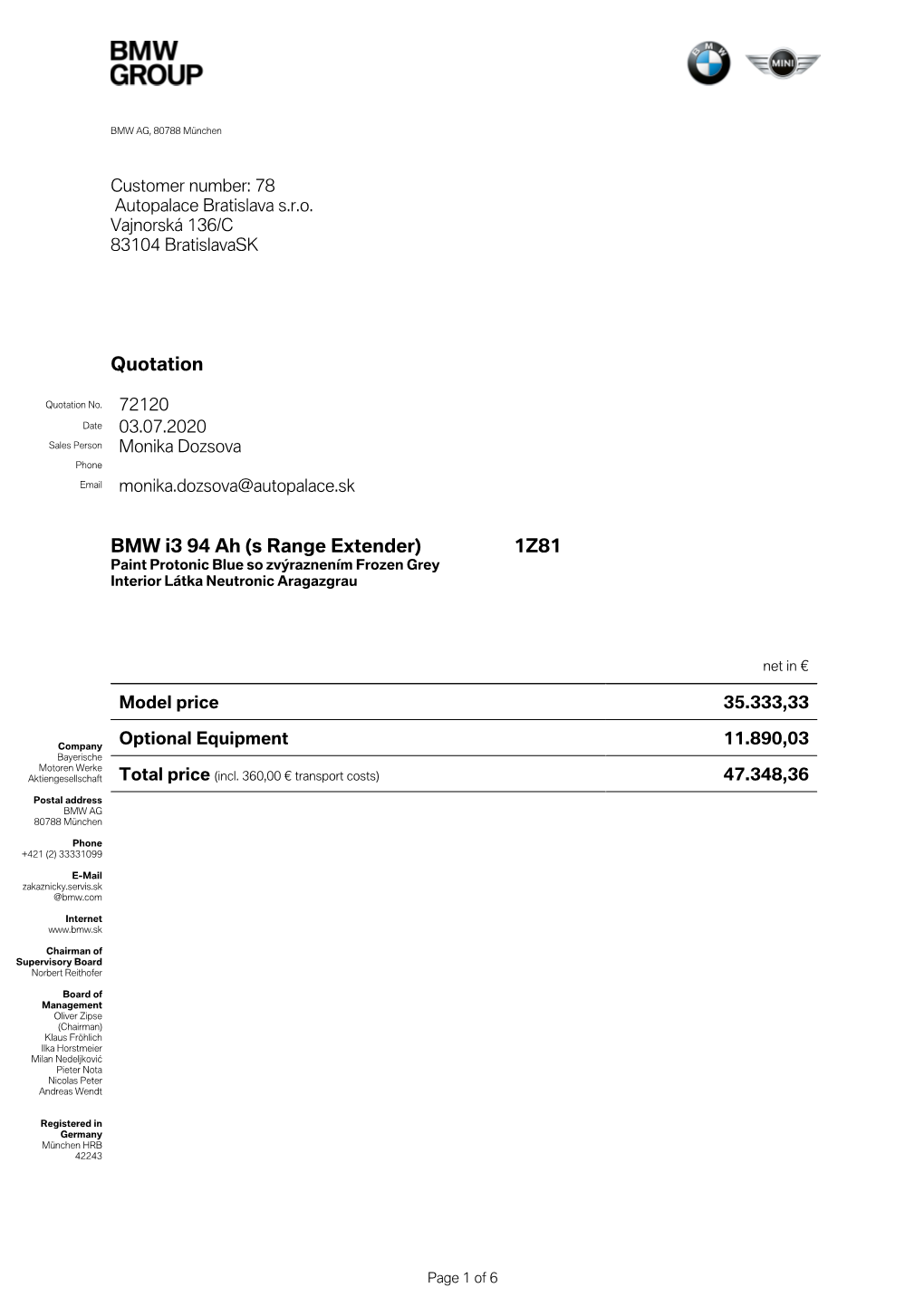 Quotation BMW I3 94 Ah (S Range Extender)