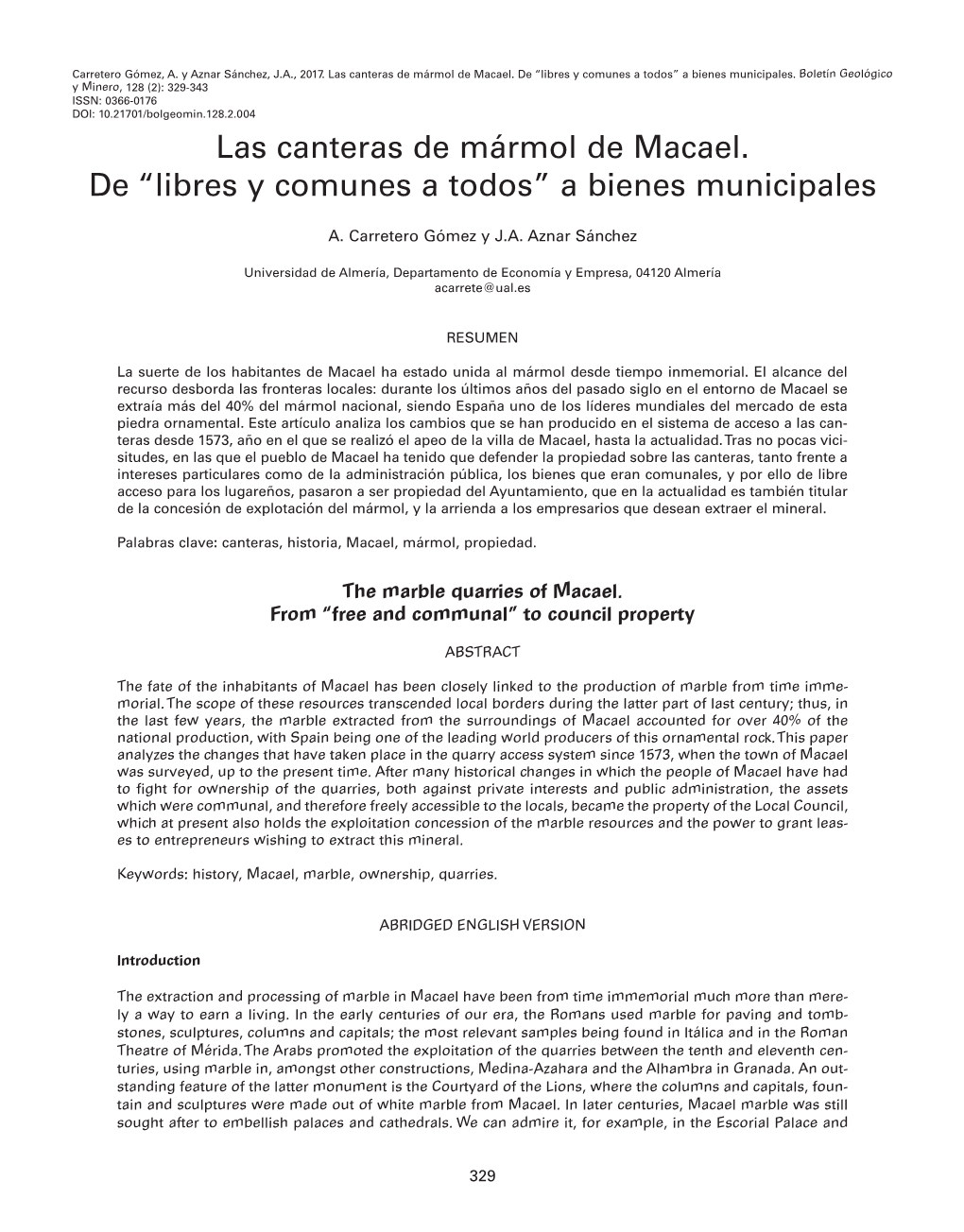 Las Canteras De Mármol De Macael. De “Libres Y Comunes a Todos” a Bienes Municipales