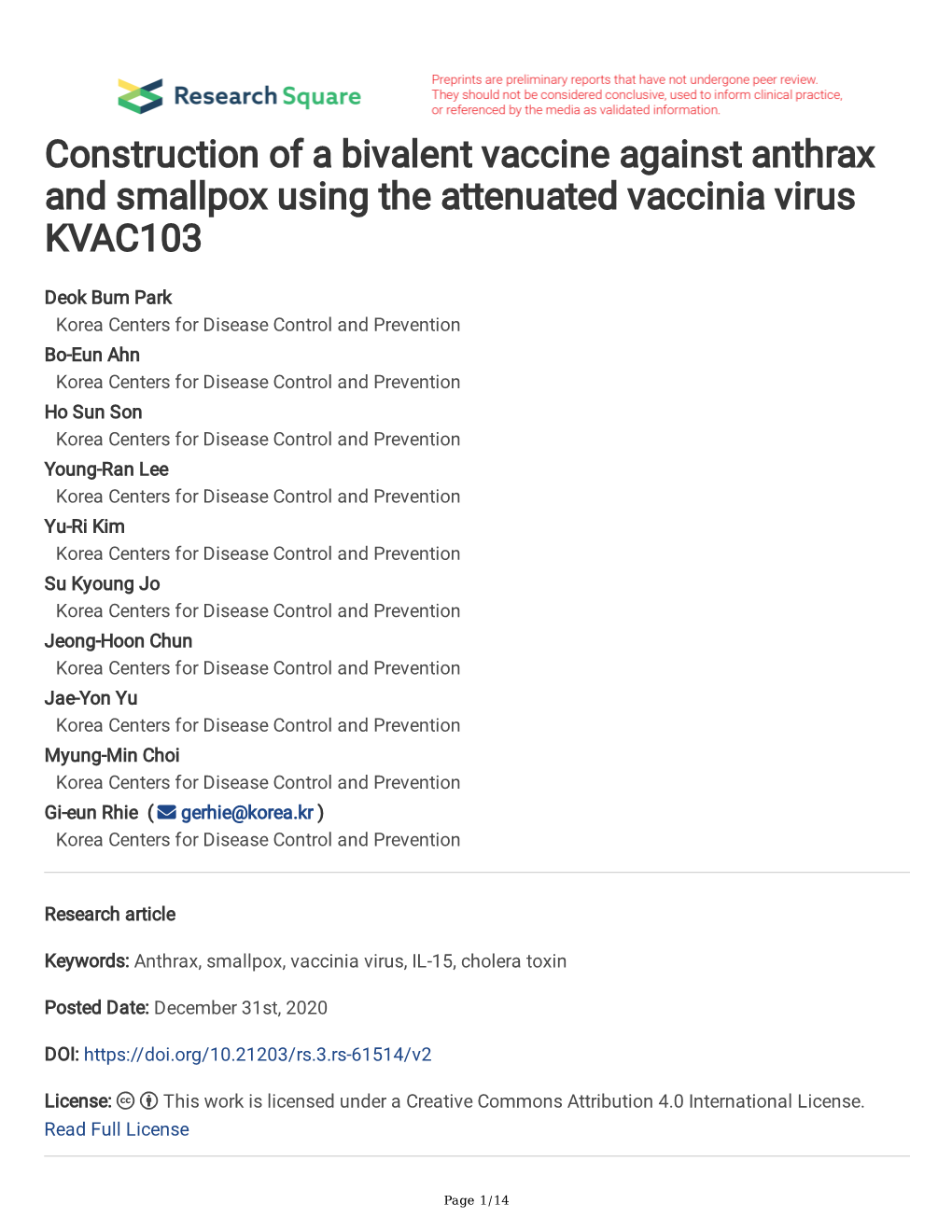 Construction of a Bivalent Vaccine Against Anthrax and Smallpox Using the Attenuated Vaccinia Virus KVAC103