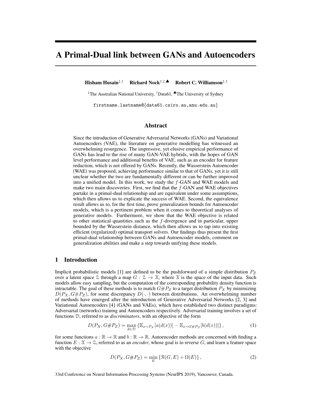 A Primal-Dual Link Between Gans and Autoencoders