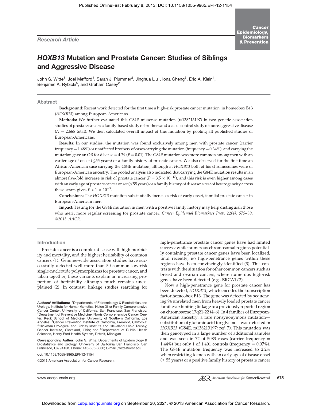HOXB13 Mutation and Prostate Cancer: Studies of Siblings and Aggressive Disease
