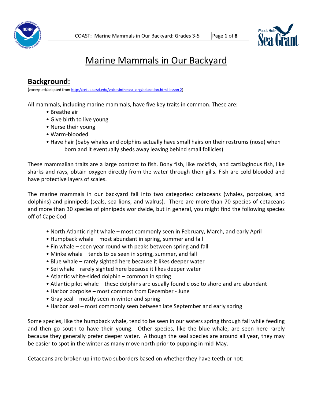 Marine Mammals in Our Backyard: Grades 3-5 Page 1 of 8