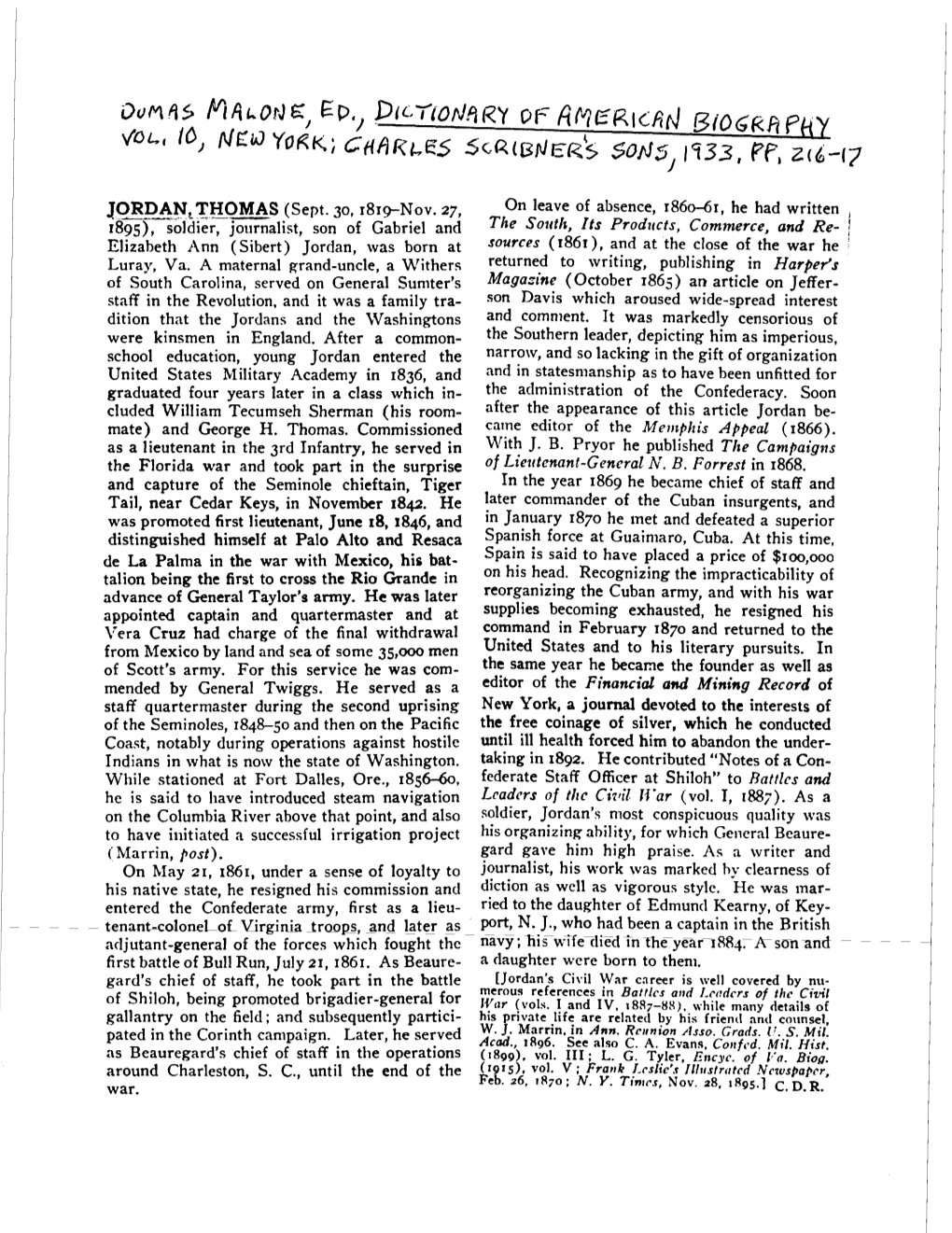 Thomas Jordan Was Born at from April 14, 1862