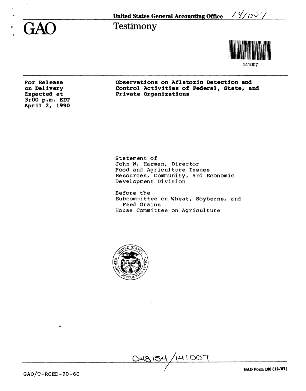 T-RCED-90-60 Observations on Aflatoxin Detection and Control Activities of Federal, State, and Private Organizations