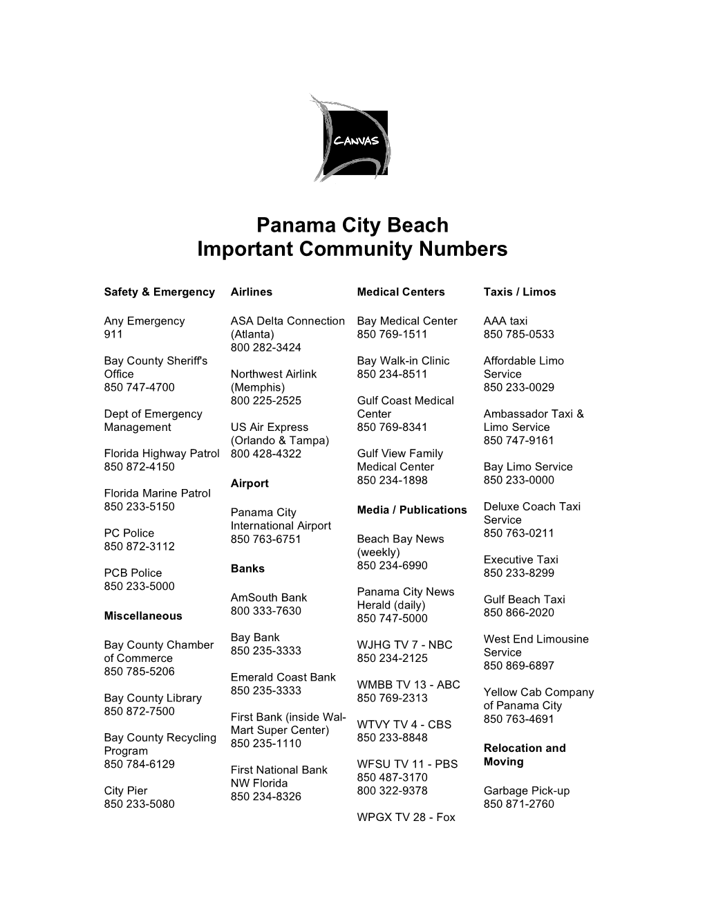 Panama City Beach Important Community Numbers